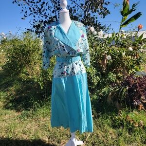 Vintage 80s Blue Dotted Funky Print 1950s Style Dress 6 Medium